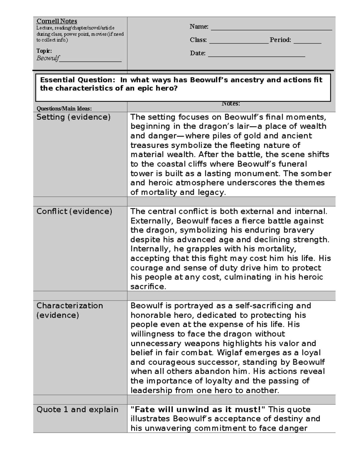 Beowulf Overview: Cornell Lecture Notes Template for Class 2 12 - Studocu