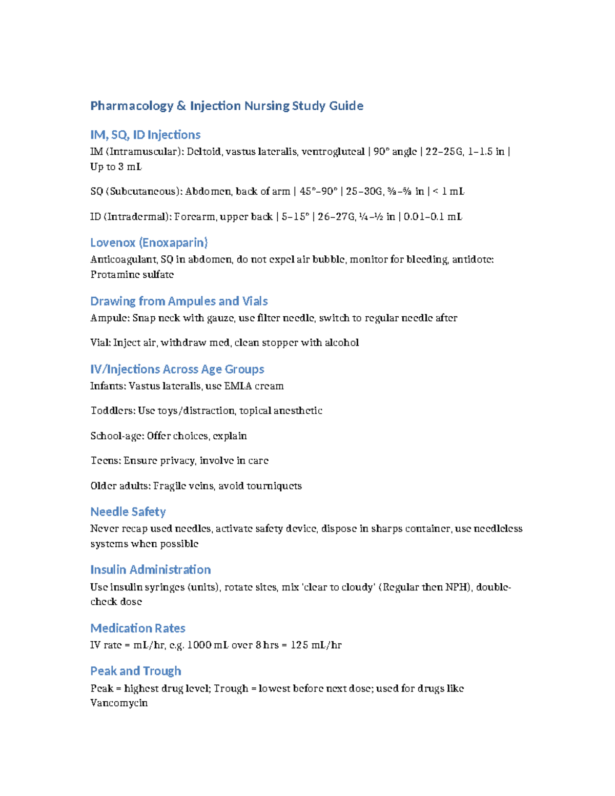 Pharmacology Nursing Study Guide: IM, SQ, ID Injections & Safety - Studocu