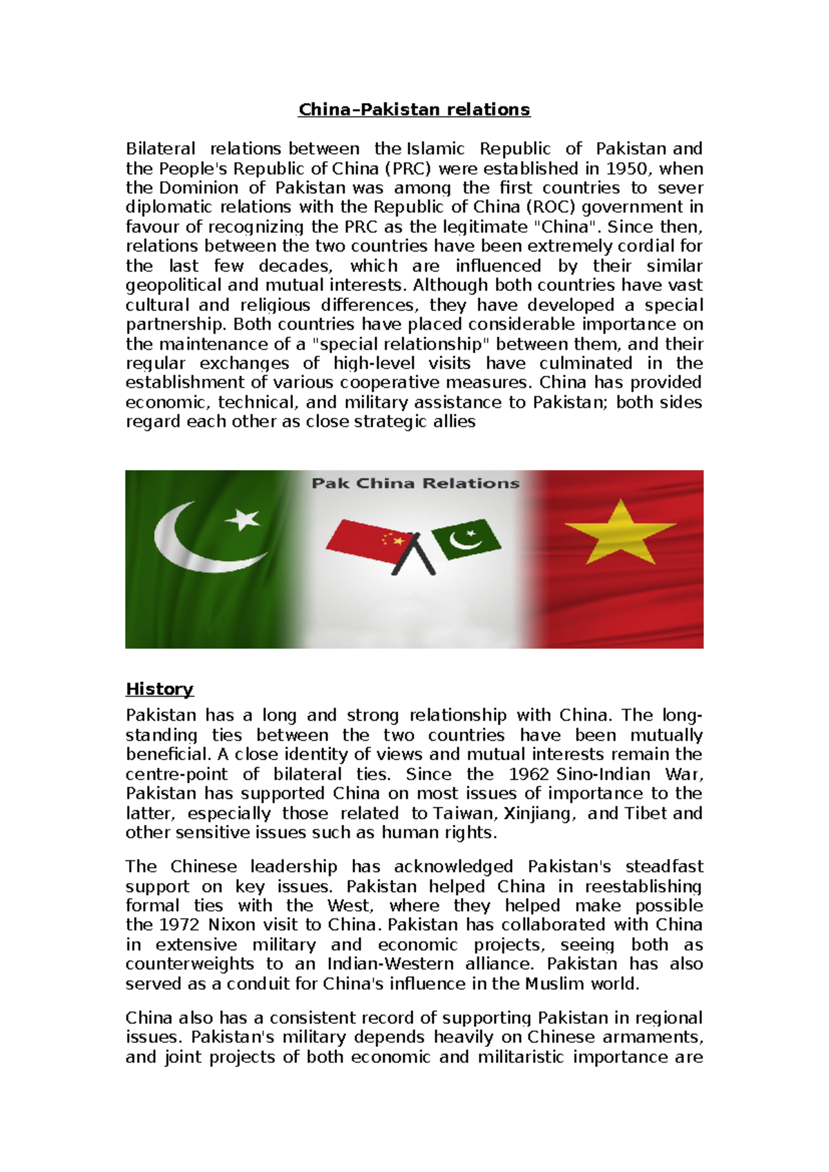Bilateral Relations: Pakistan and China (PRC) - A Historical Overview ...