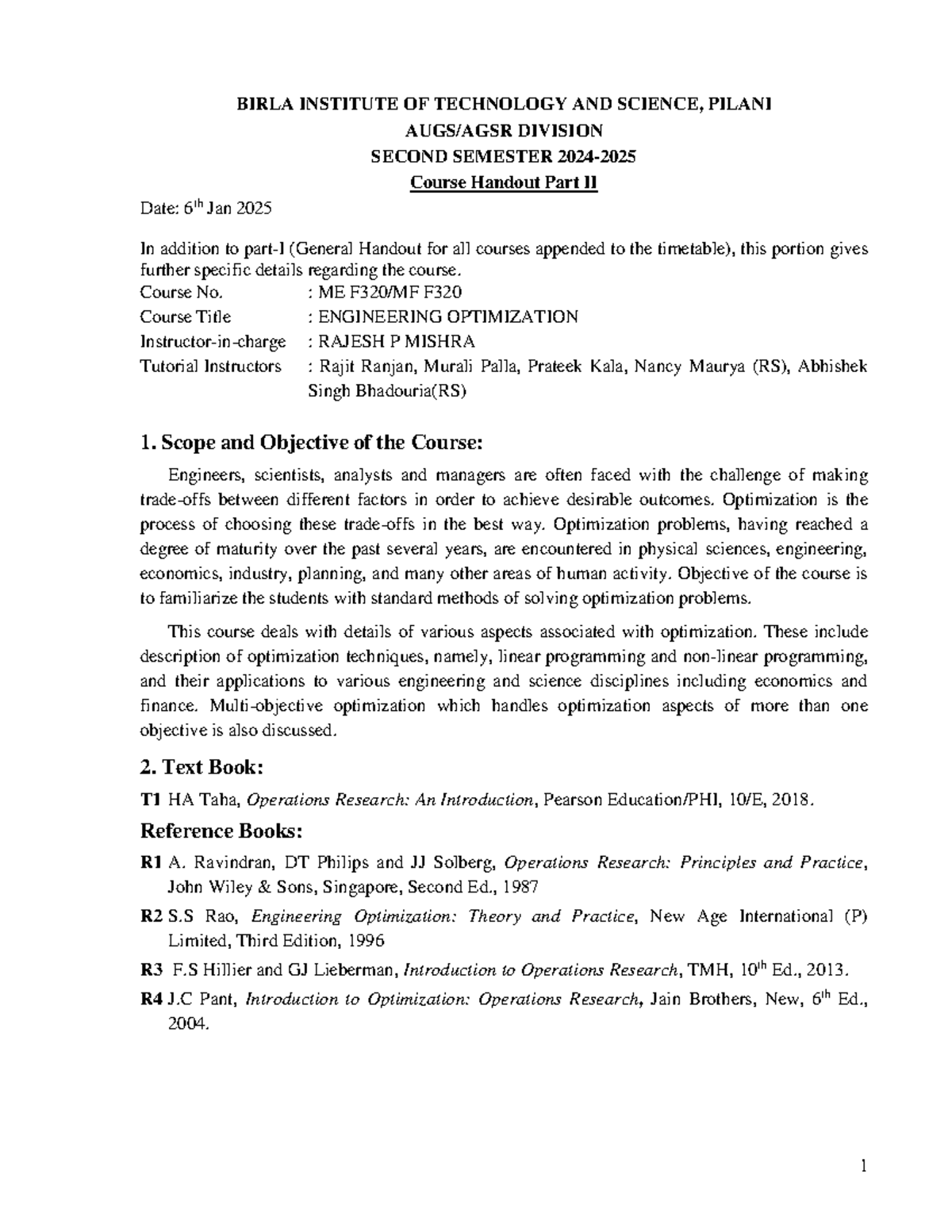 ME F320 Engineering Optimization Course Handout Part II - Jan 2025 ...