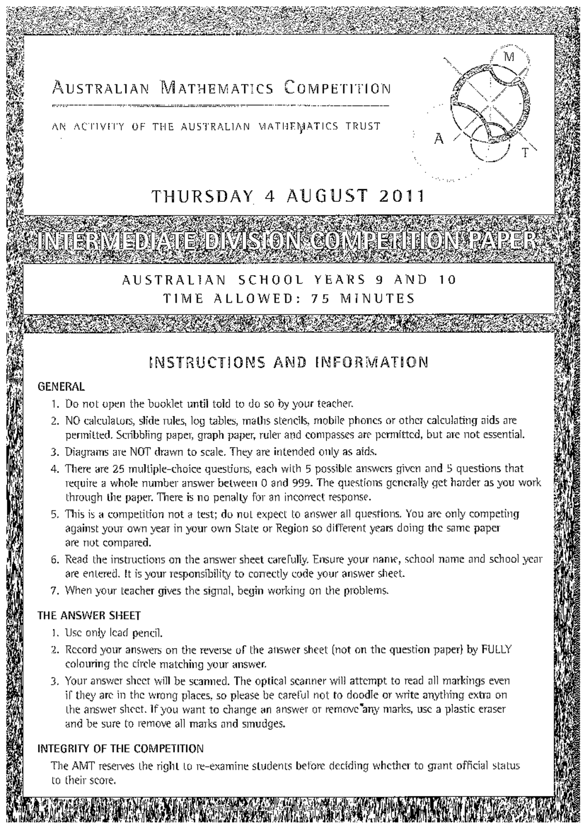 2011 Intermediate AMC - Competition Paper with Solutions - Studocu