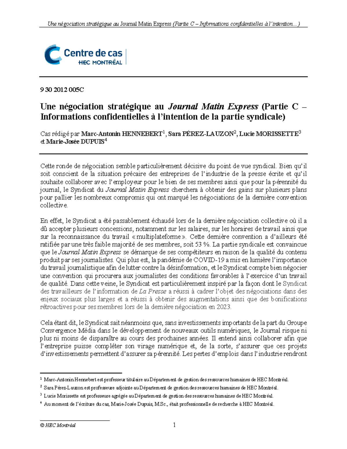 Stratégies de Négociation Syndicale au Journal Matin Express (Partie C ...
