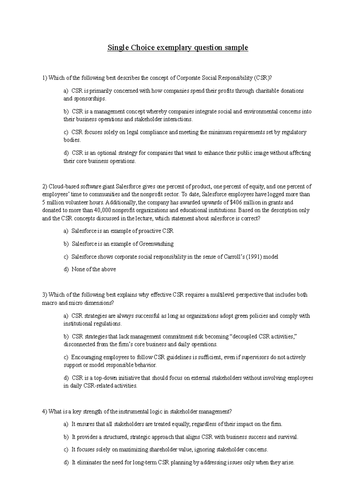 Corporate Social Responsibility (CSR) Single Choice Questions Sample ...