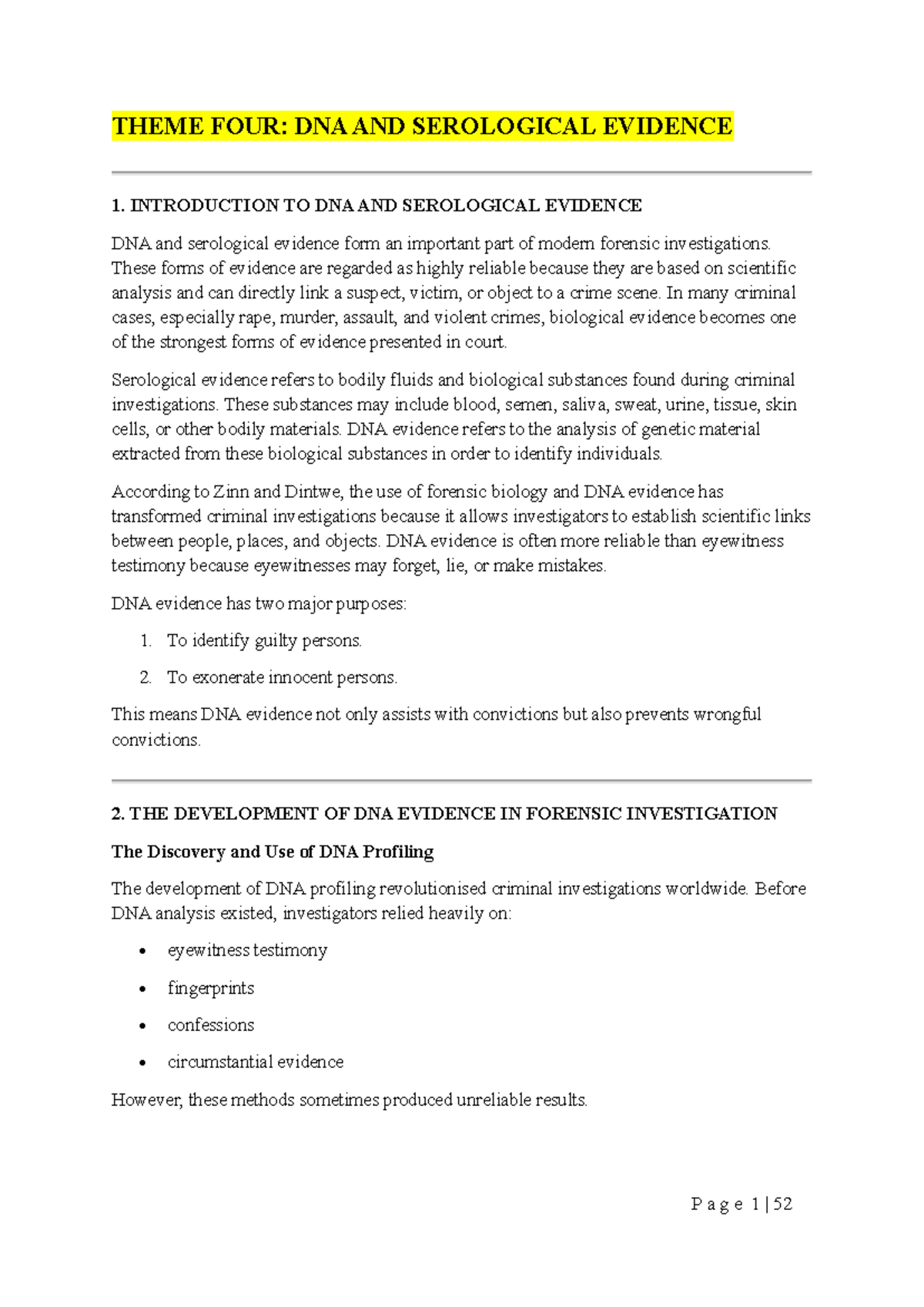 CFSD201 Notes: DNA & Serological Evidence in Forensic Science - Studocu