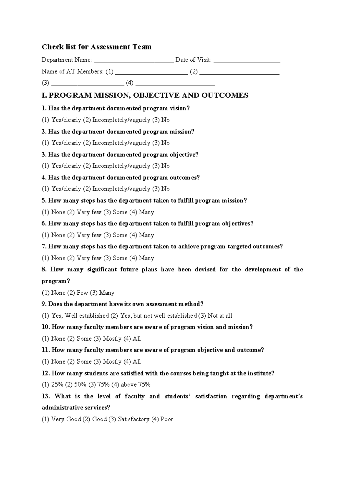 Assessment Team Checklist for Program Evaluation and Improvement - Studocu