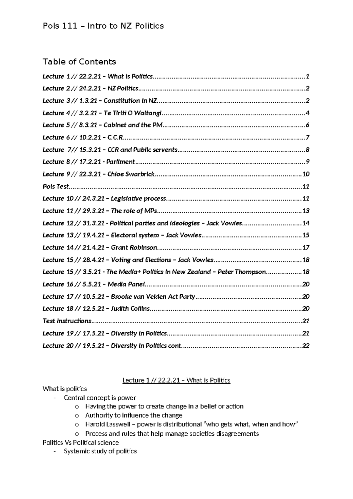 Pols 111 Lecture notes - Table of Contents Lecture 1 // 22.2 – What is ...