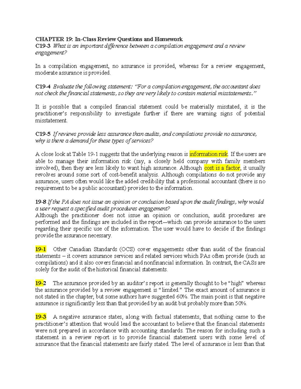 Chapter 19: In-Class Review Qs & Homework for Accounting Course C19 ...