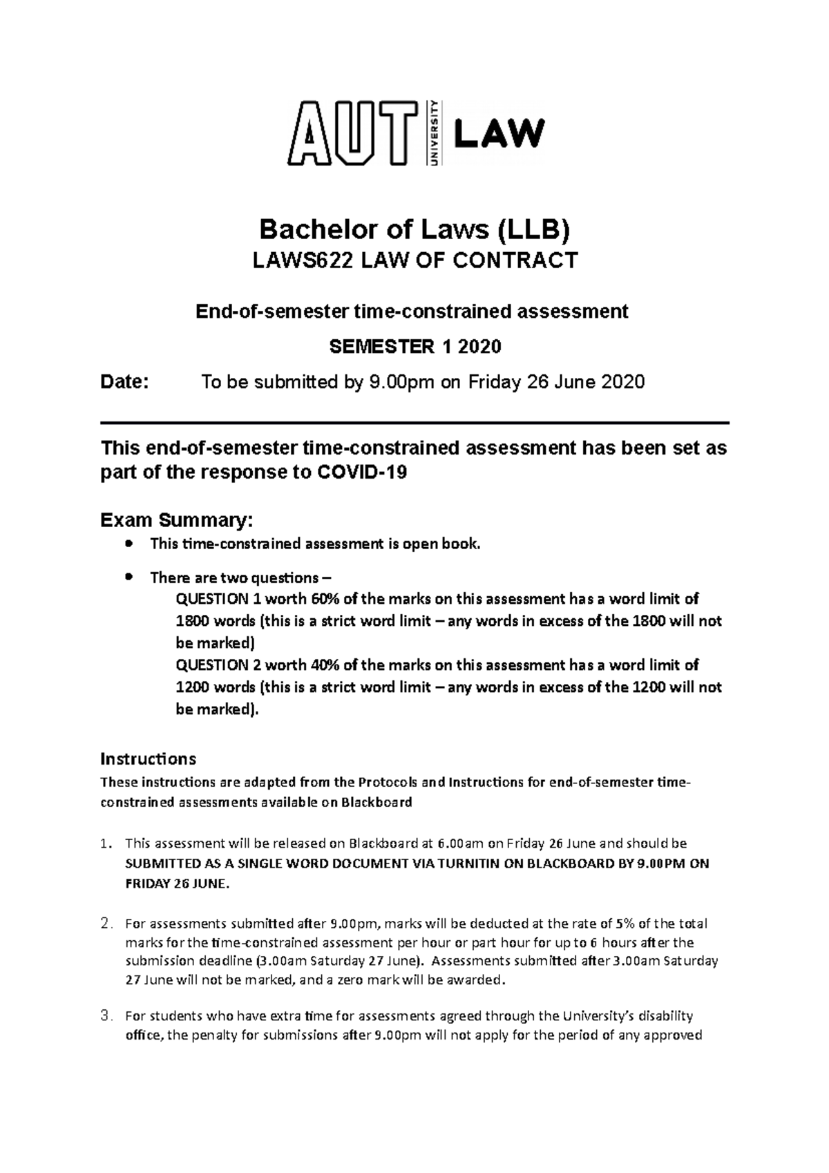 FINAL 1 28 October 2020, questions - Bachelor of Laws (LLB) LAWS622 LAW ...