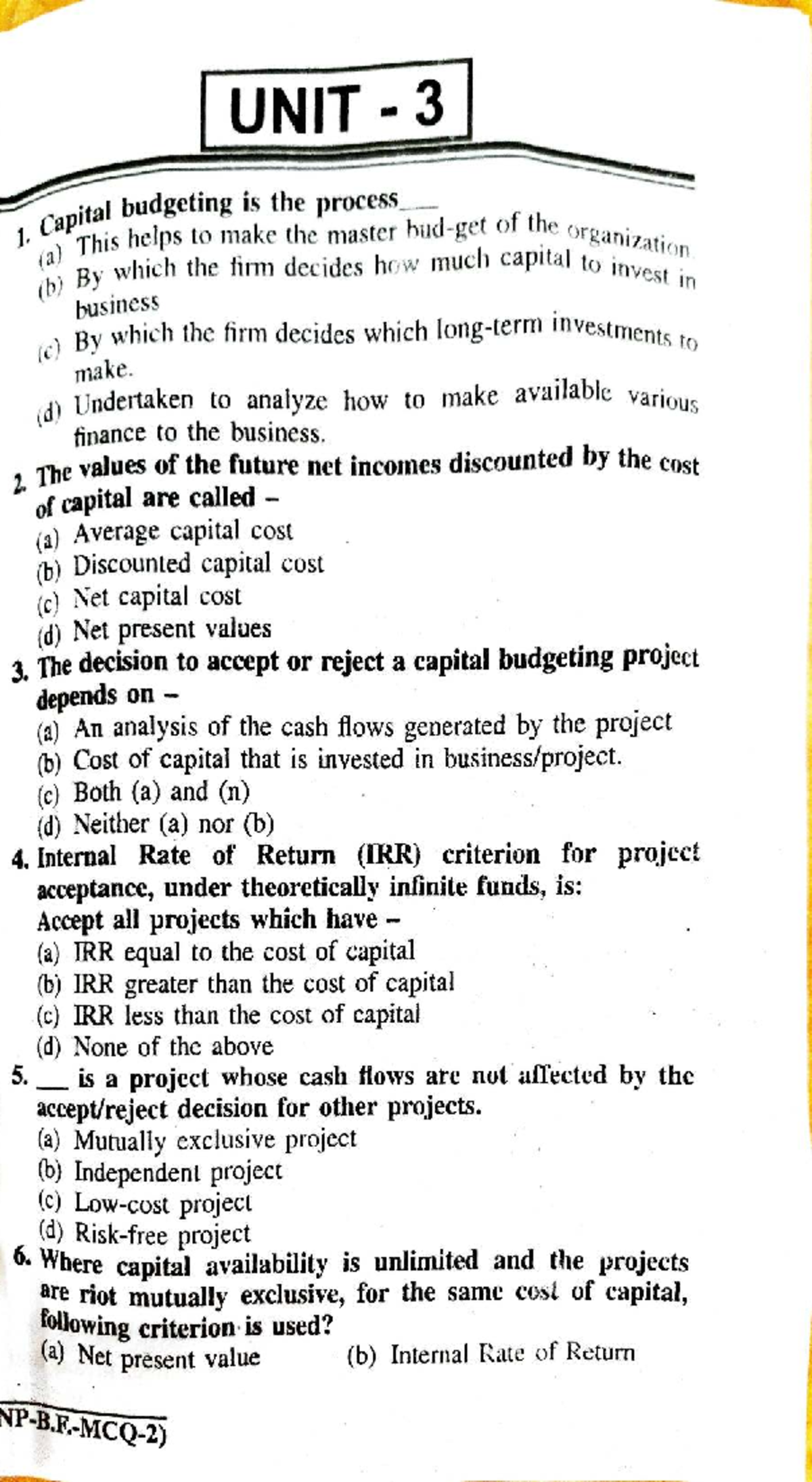 Unit 3 MCQs on Capital Budgeting Concepts and Techniques - Studocu