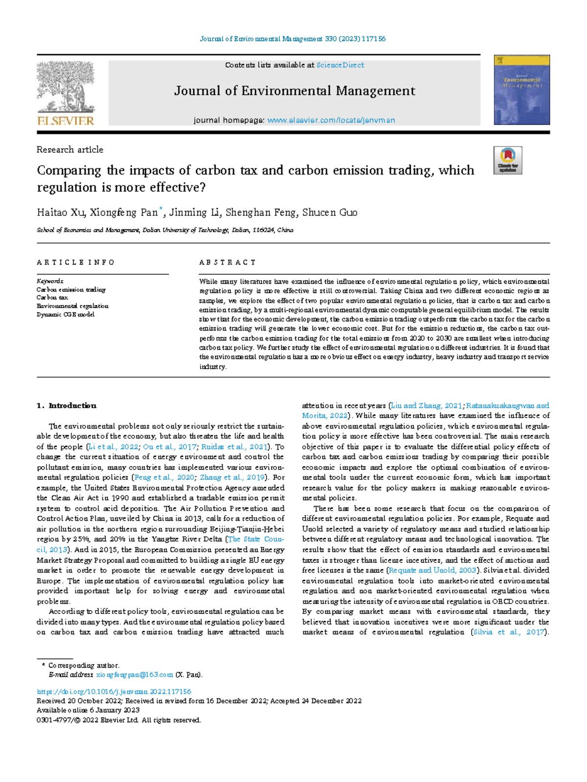 Comparative Analysis of Carbon Tax vs. Emission Trading in China: A CGE ...