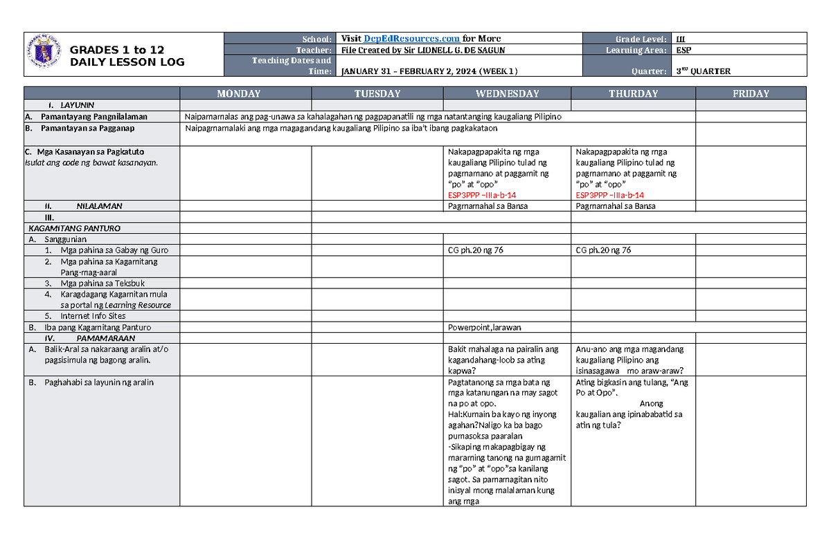 DLL ESP 3 Q3 W1 - DLP - GRADES 1 to 12 DAILY LESSON LOG School: Visit ...