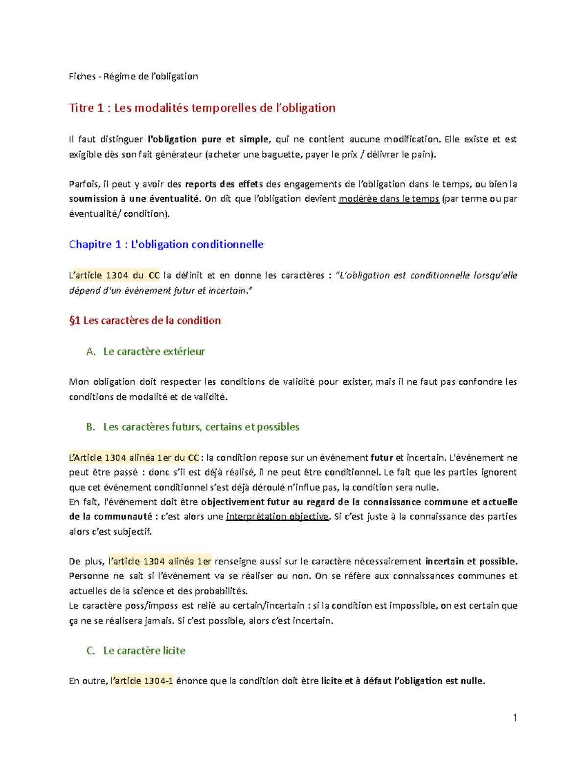 Régime de l'Obligation - Fiches CC 1304 et 1342 : Modalités et ...