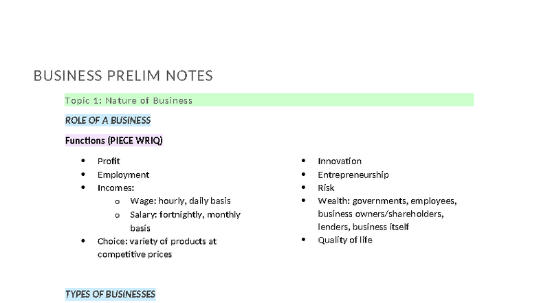 BUSINESS 101: Prelim Notes on Nature & Management of Business - Studocu
