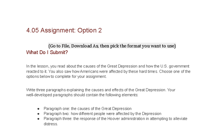 4.05 Assignment: Causes and Effects of the Great Depression - Studocu