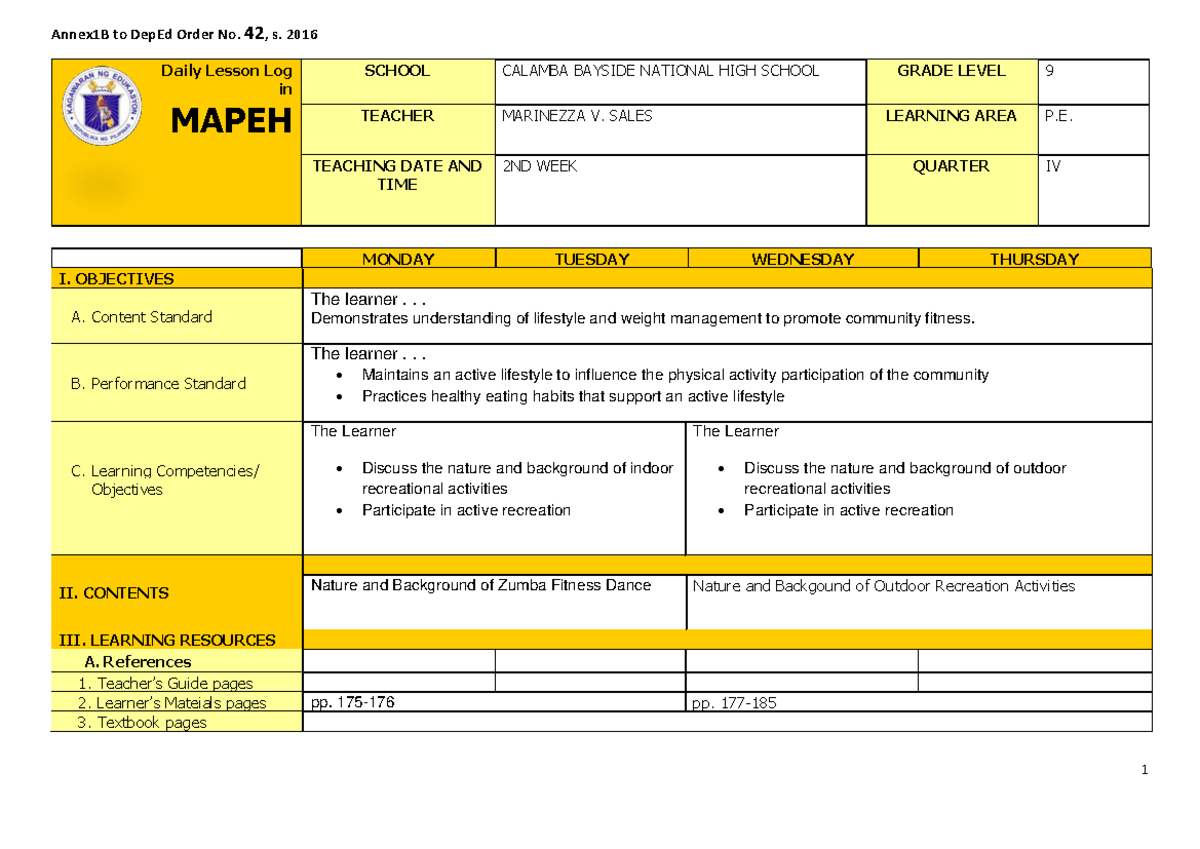 DLL G9.PE.Q4 Week 2 - Lesson Log on Zumba & Recreation Activities - Studocu