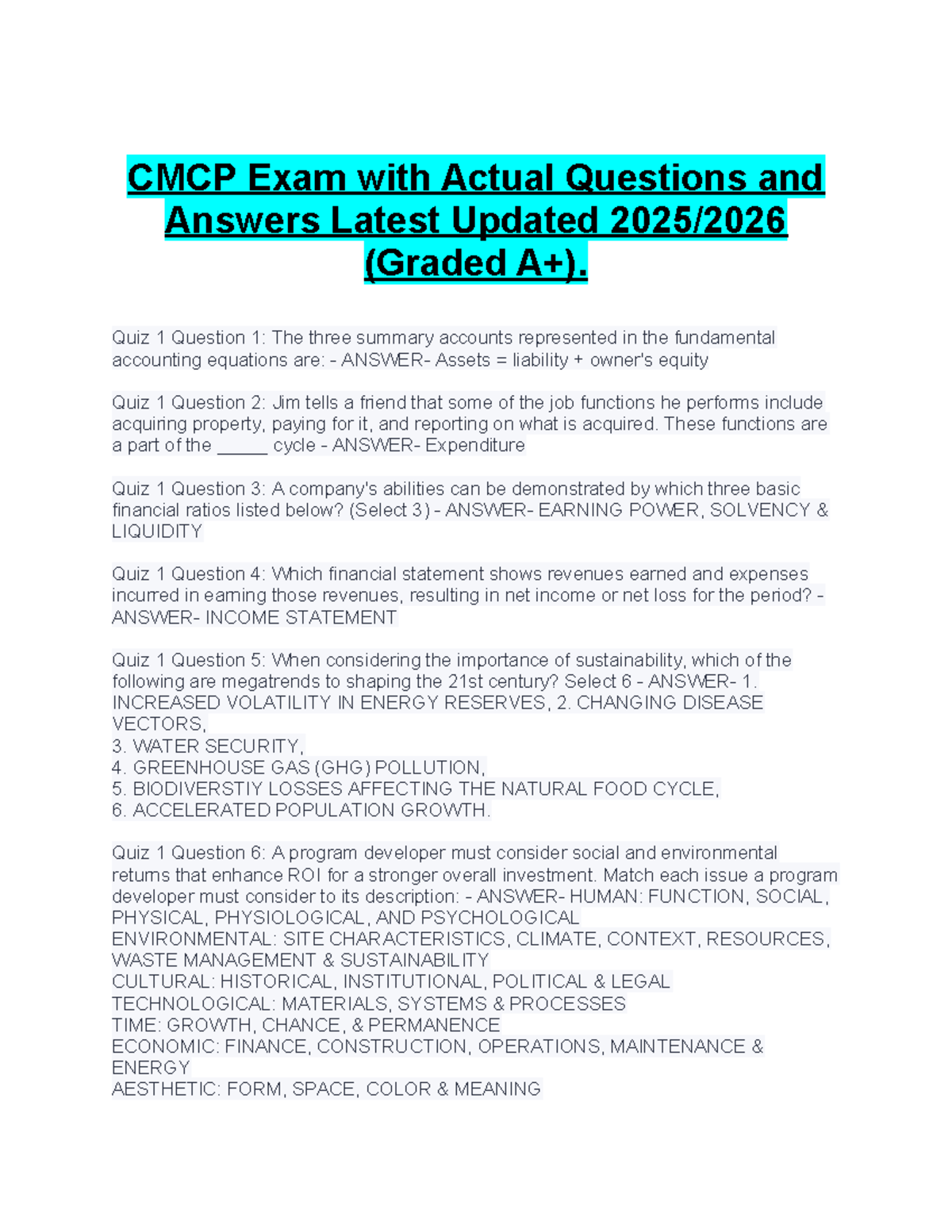 CMCP Quiz Questions & Answers Compilation for Exam Preparation - Studocu
