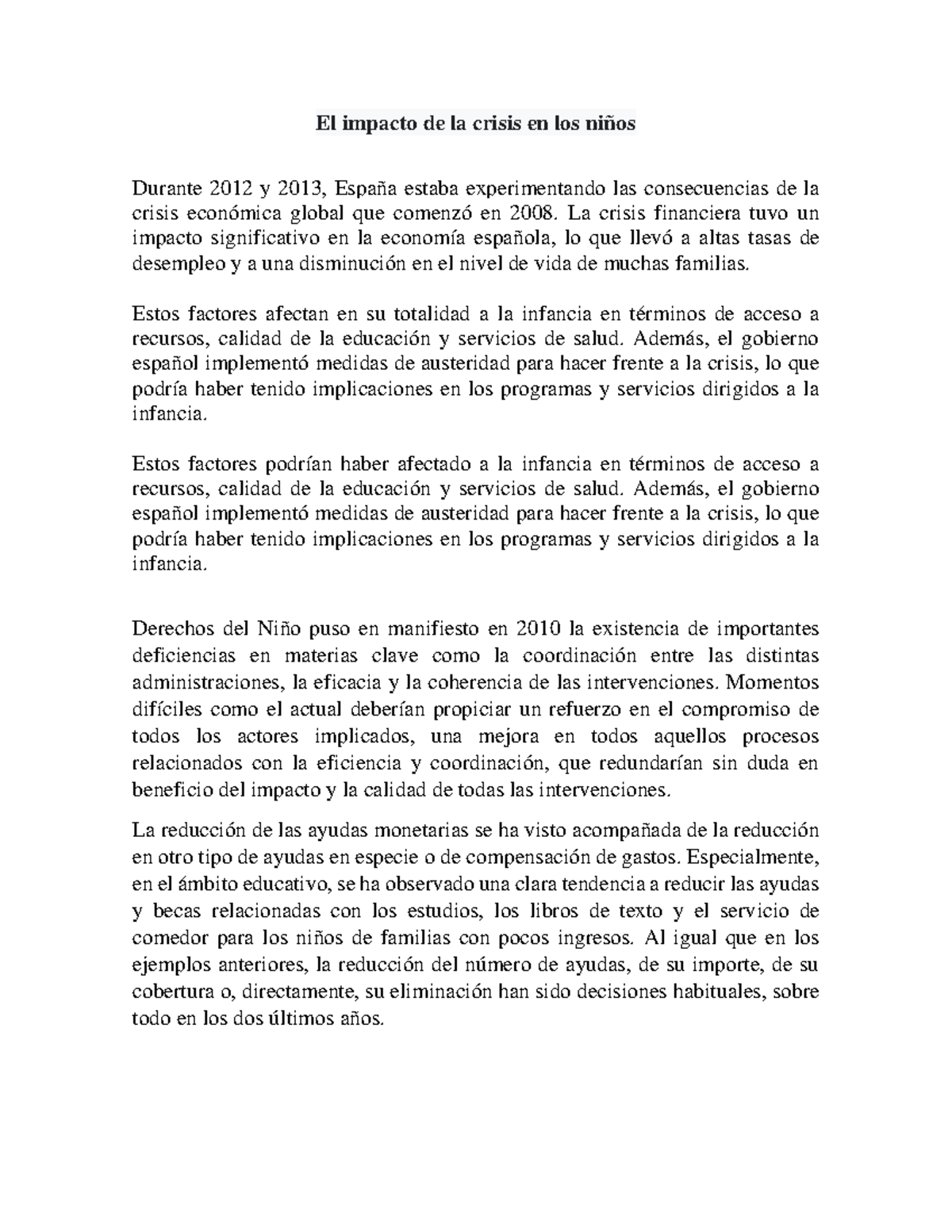 El impacto de la crisis económica en la infancia en España - Studocu