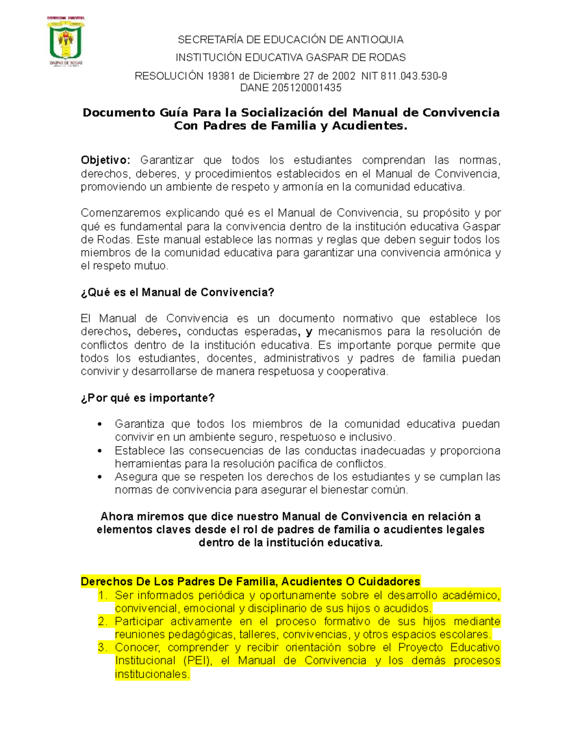 Guía para la Socialización del Manual de Convivencia - NIT DANE - Document Preview