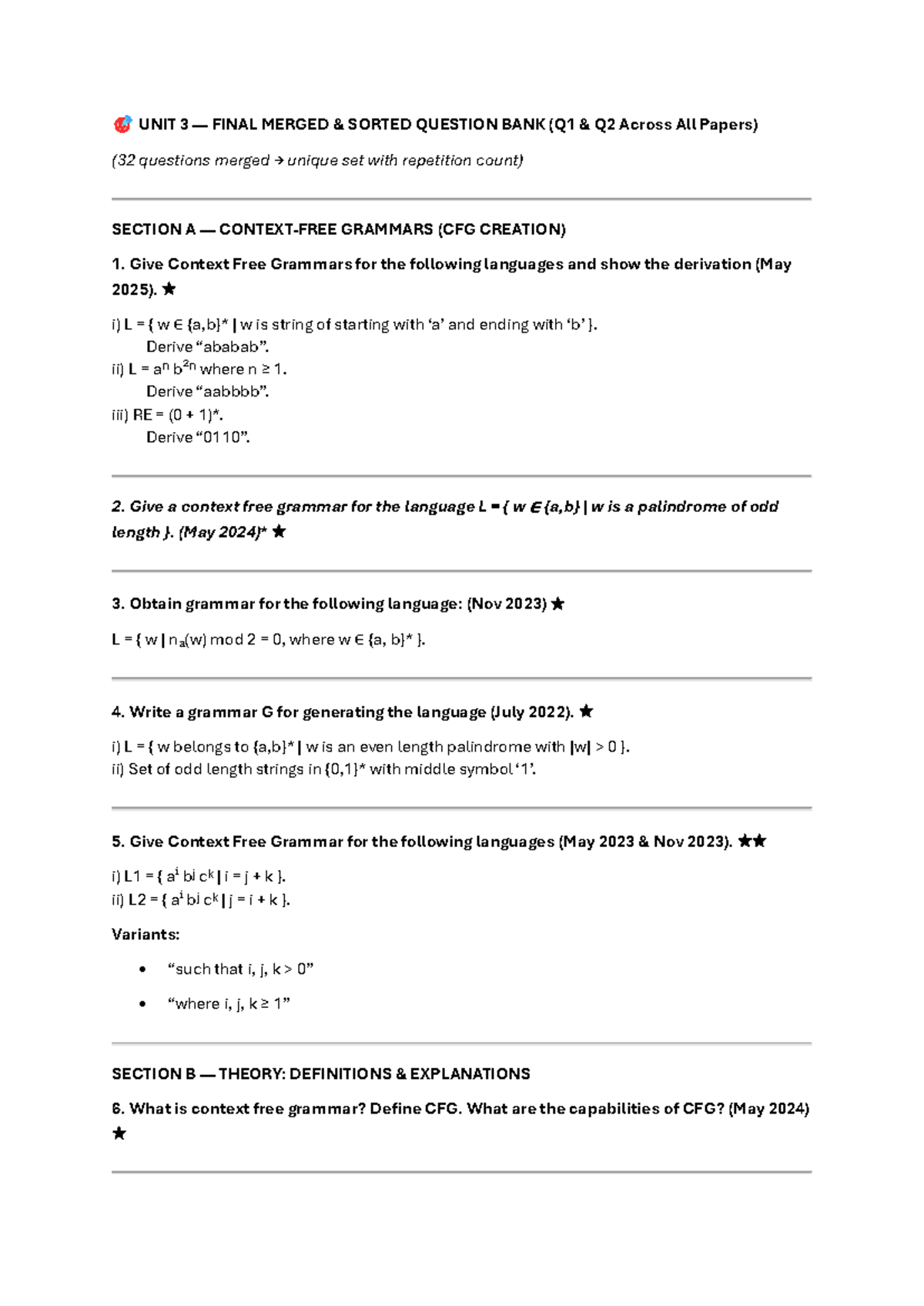 UNIT 3 FINAL EXAM QUESTION BANK: CFGs and Grammar Transformations - Studocu