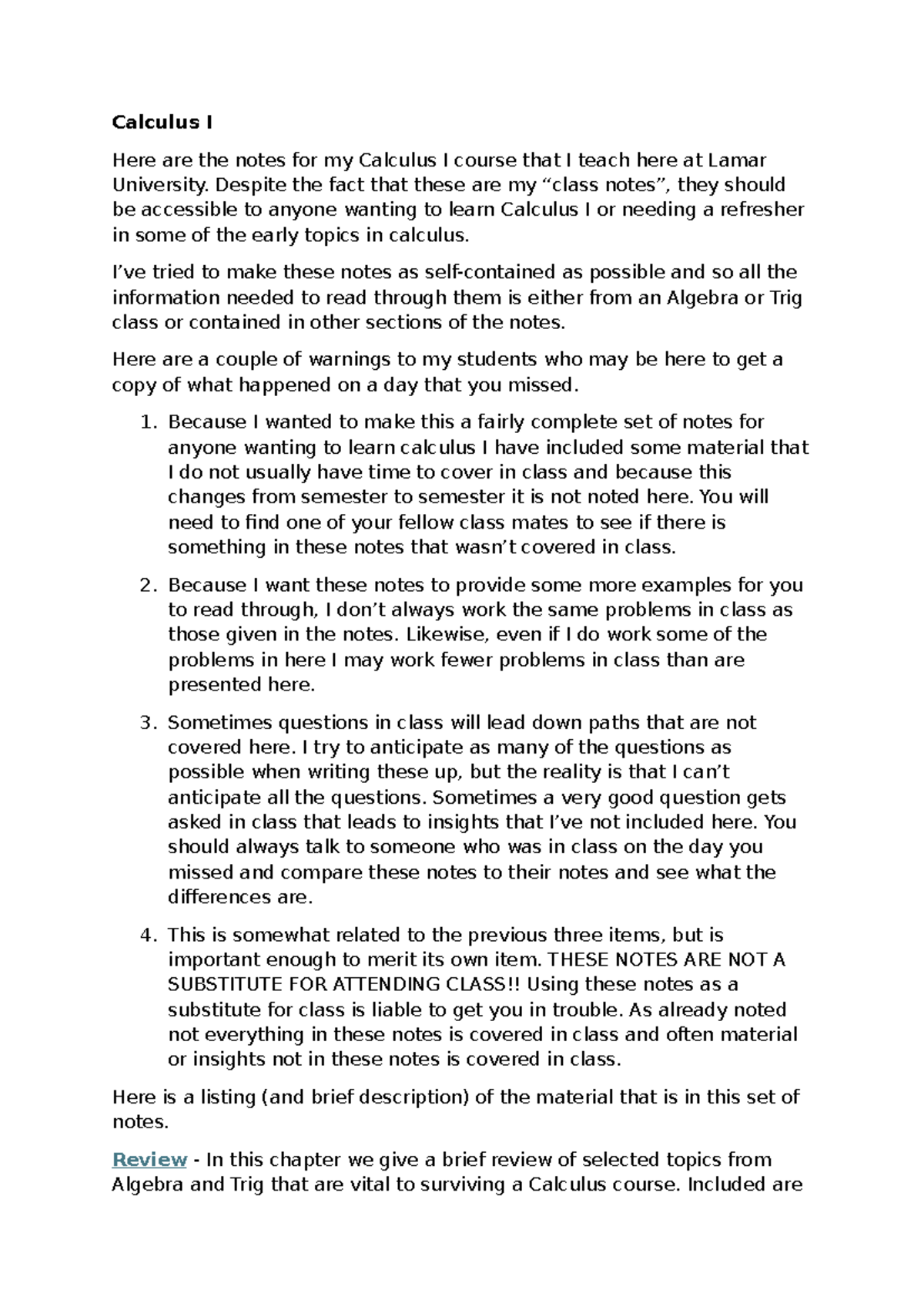 Calculus I - good summury notes for revision - Calculus I Here are the