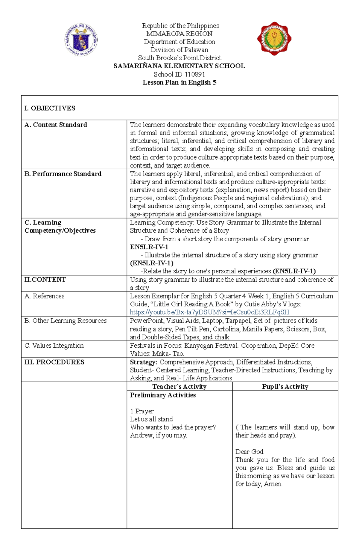English 5 Lesson Plan: Story Grammar & Internal Structure - Studocu