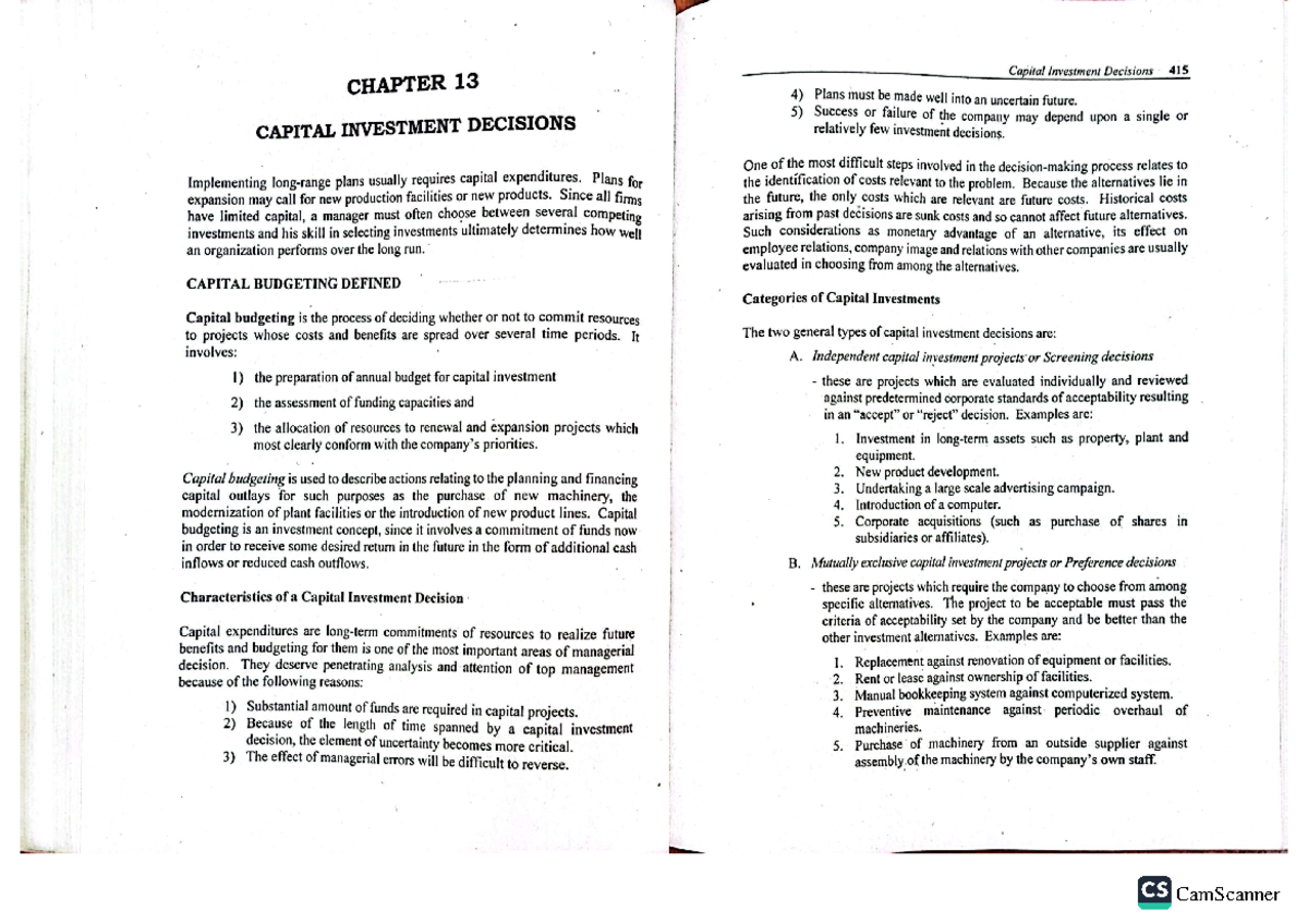 CS 415 Chapter 13: Insights on Capital Investment Decisions - Studocu