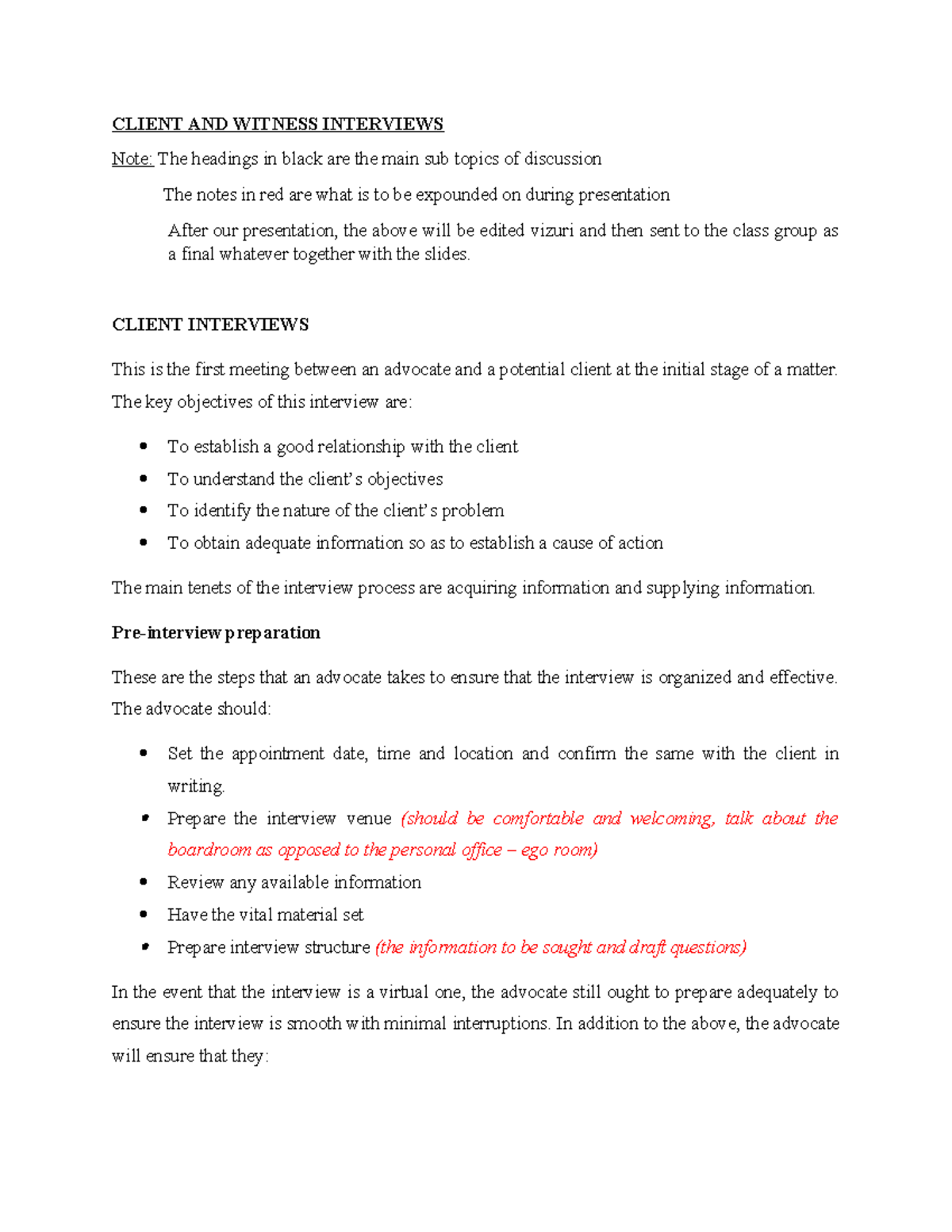 CLIENT AND WITNESS INTERVIEWS: Key Strategies and Guidelines - Studocu