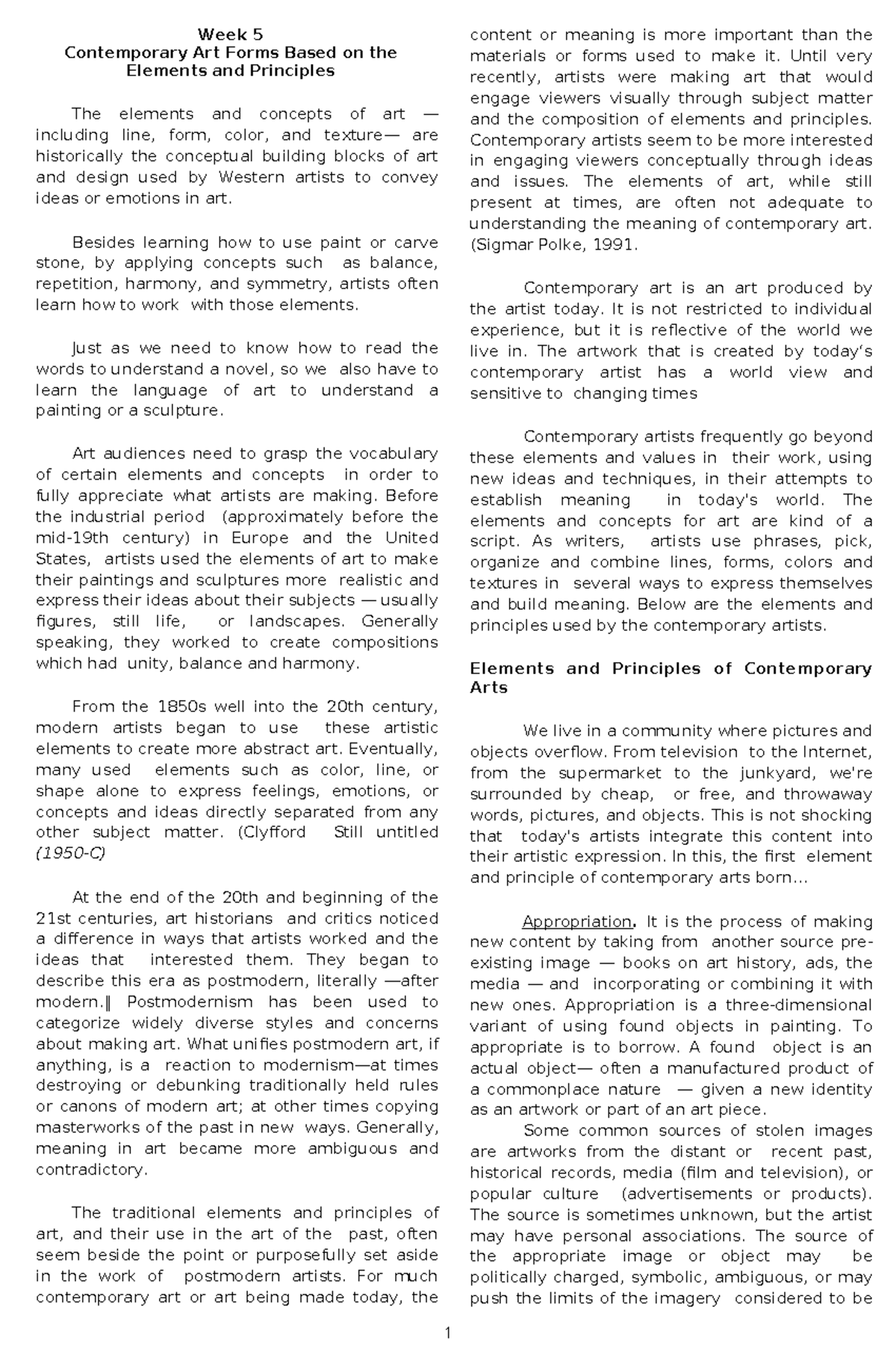Week-5 - notes - Week 5 Contemporary Art Forms Based on the Elements ...