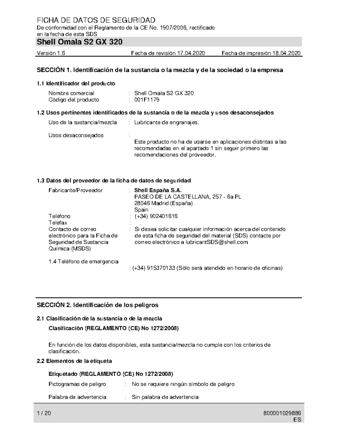 SDS Shell Omala S2 GX 320 - Versión 1.6 (Revisada 17.04) - Studocu