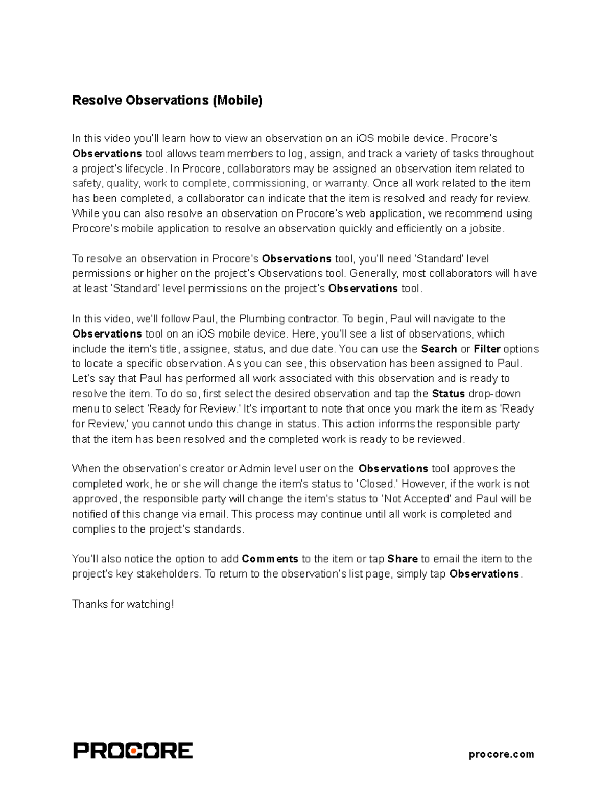 Procore: Resolving Observations on iOS Mobile - Subcontractor Guide ...