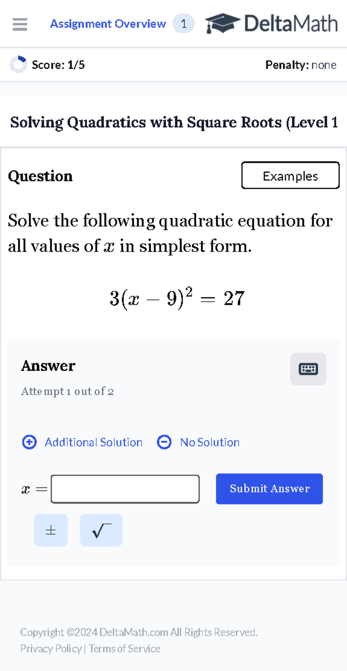 Delta Math Student Application - Score: 1/5 Penalty: none Solving ...
