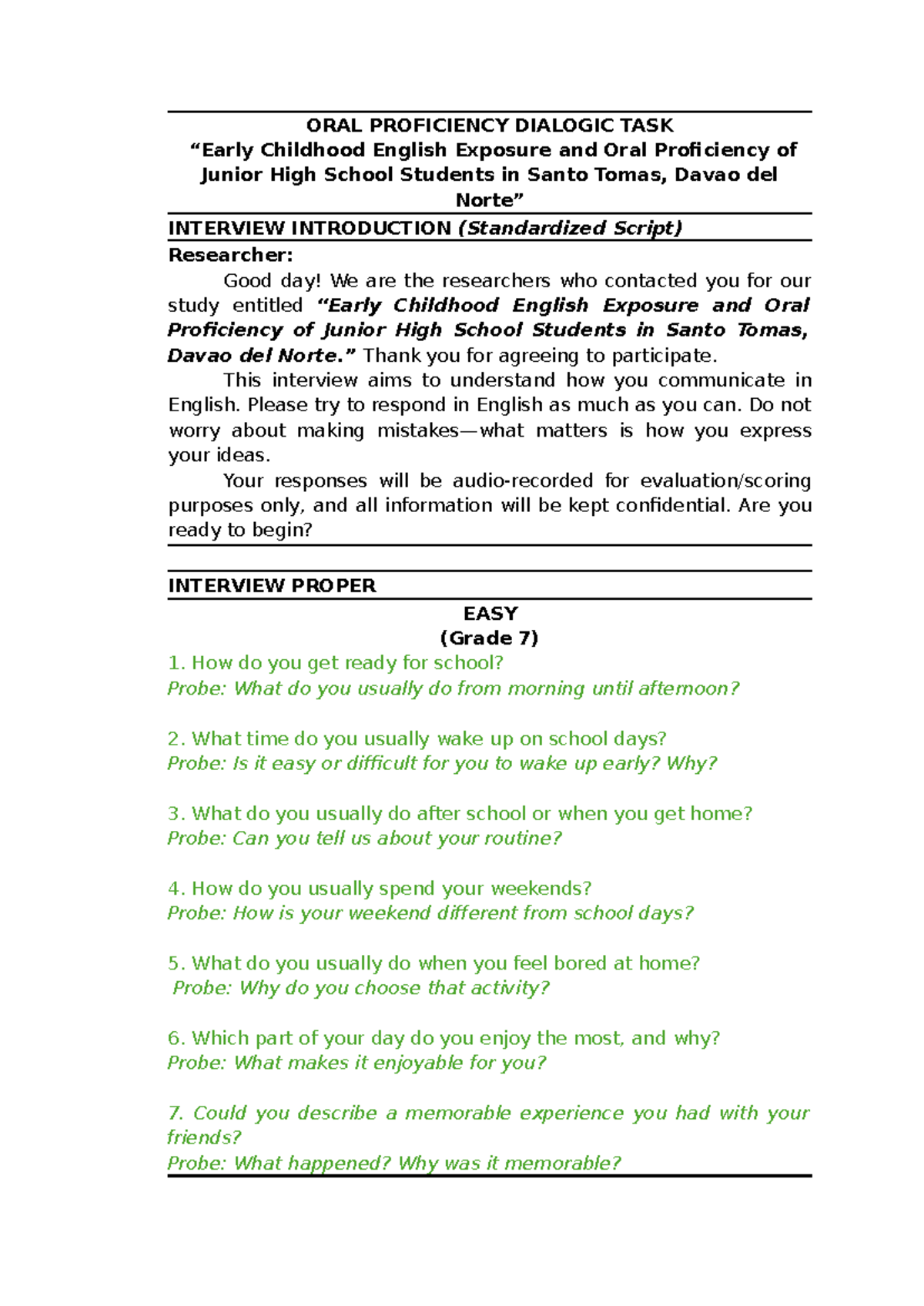 Childhood English Exposure & Oral Proficiency Interview Script (JHS ...