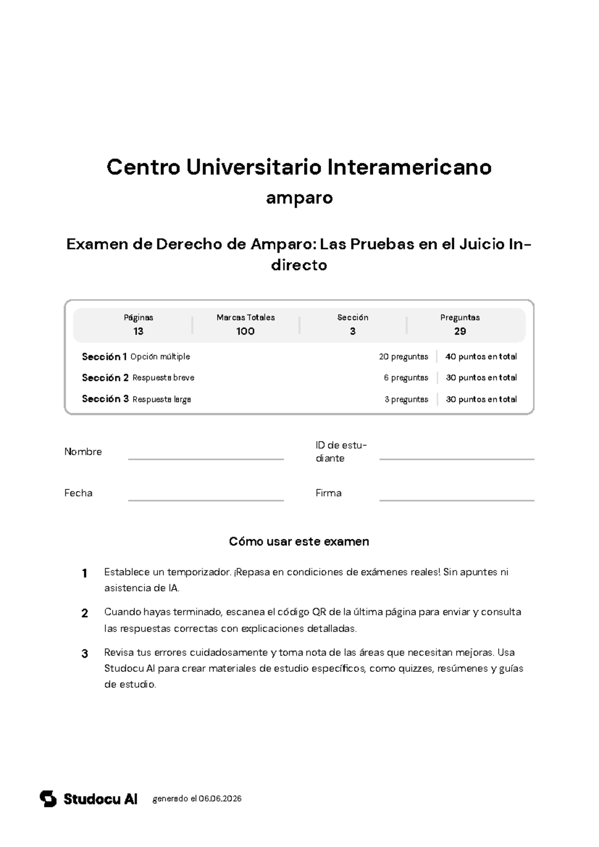 Examen de Derecho de Amparo: Las Pruebas en el Juicio Indirecto - Studocu