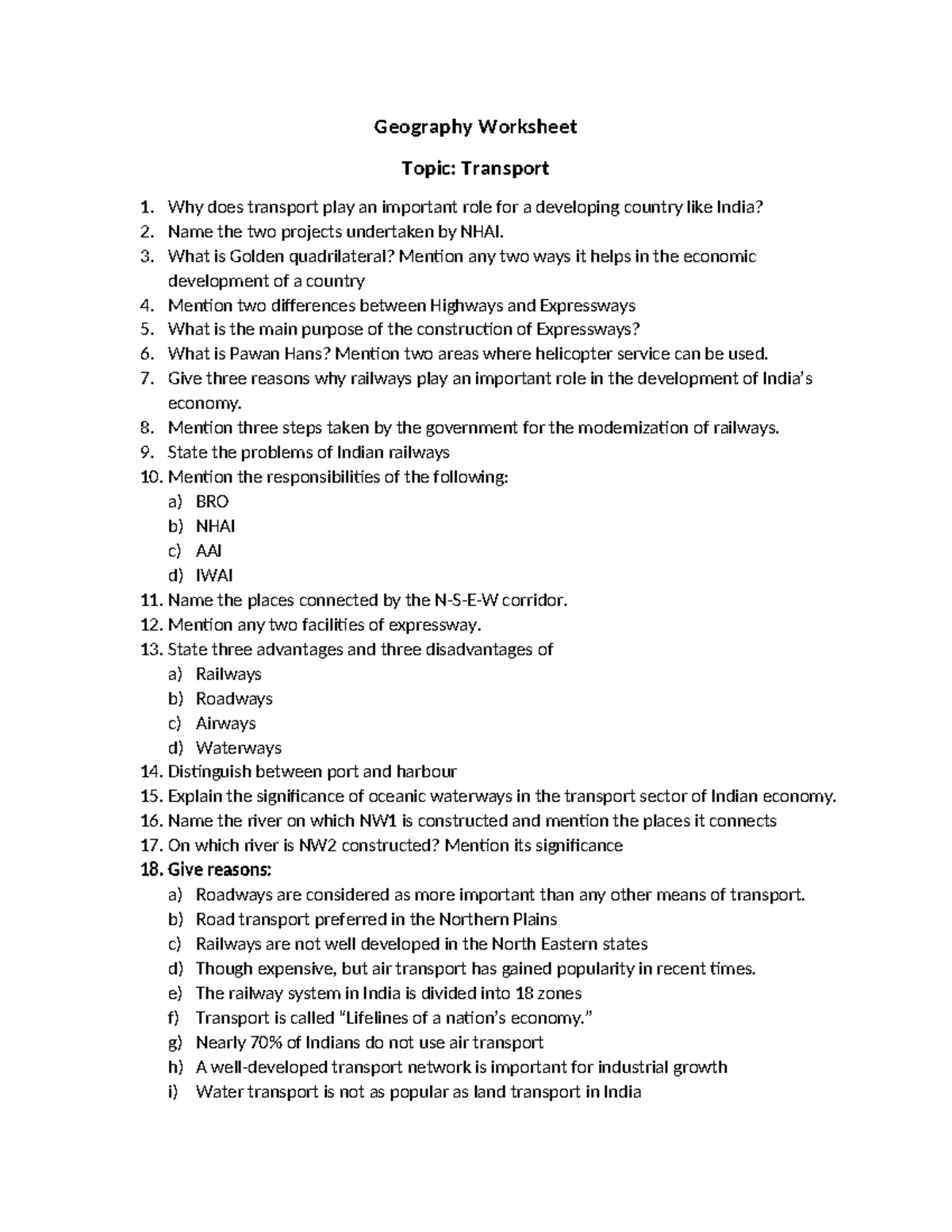 Geography Worksheet: Importance of Transport in India - Studocu