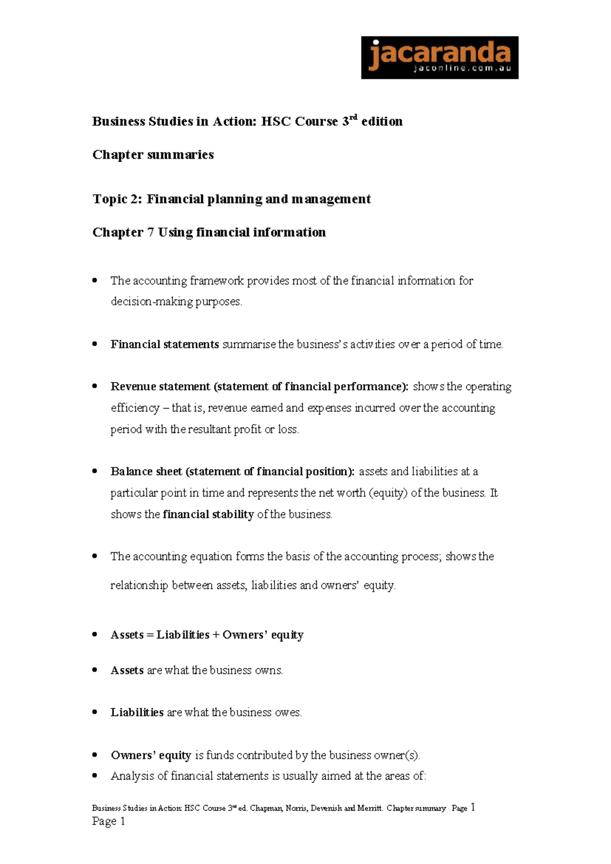 Finance Revision Notes - Business Studies HSC Course 3 - Studocu