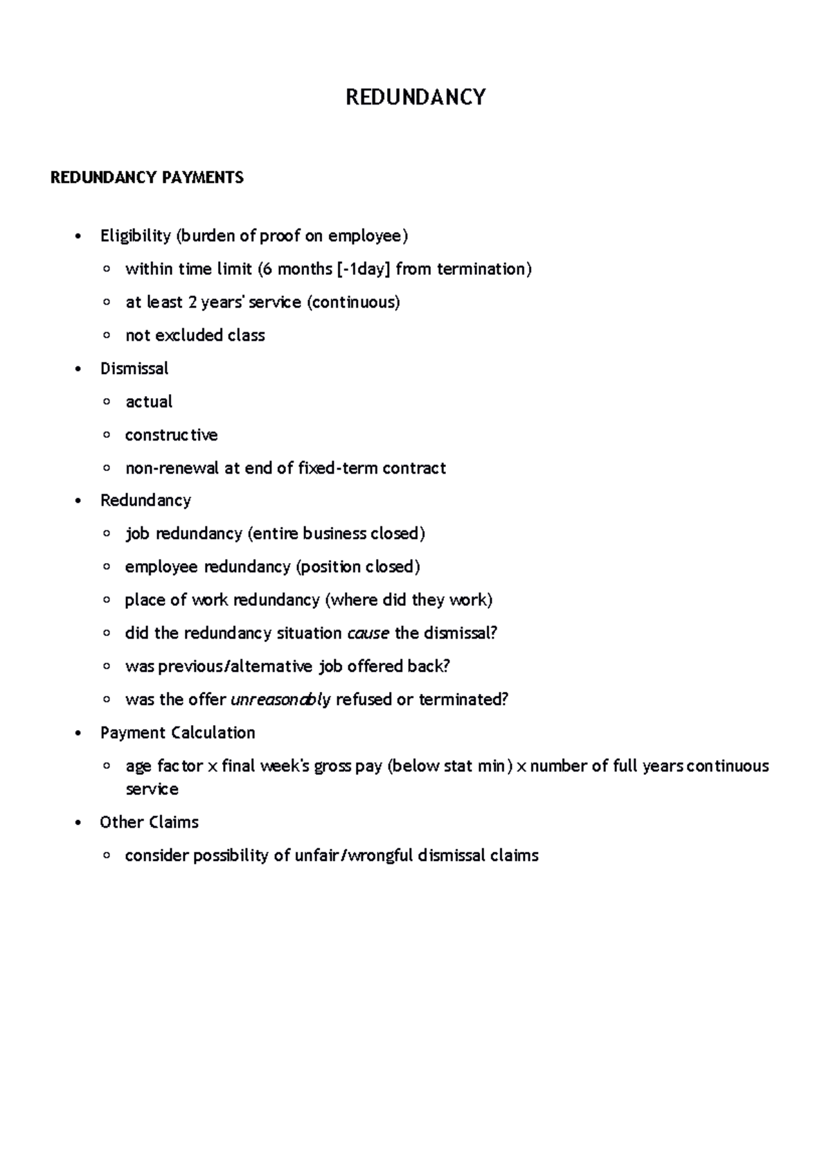 Redundancy Revision Notes for Employment Law (LAW123) - Studocu