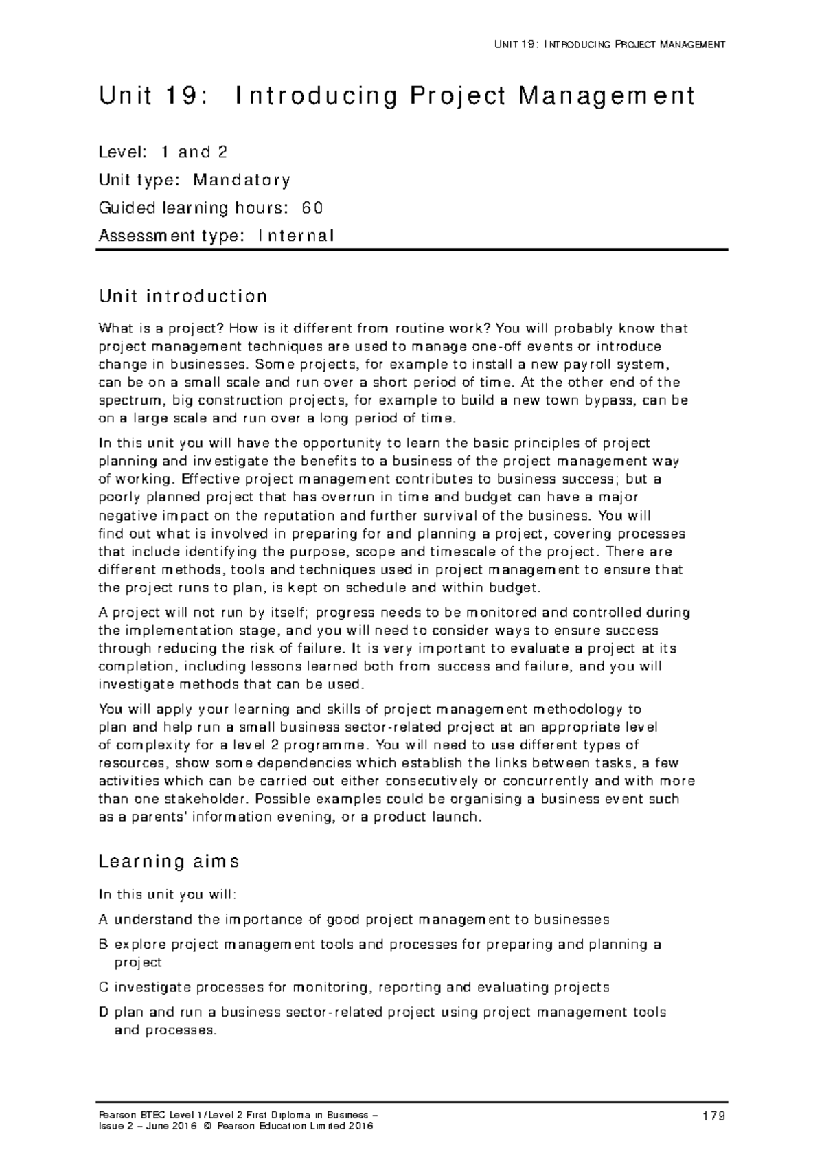 L2 BTEC U19 Project Management Unit 19 Specification Guide - Studocu