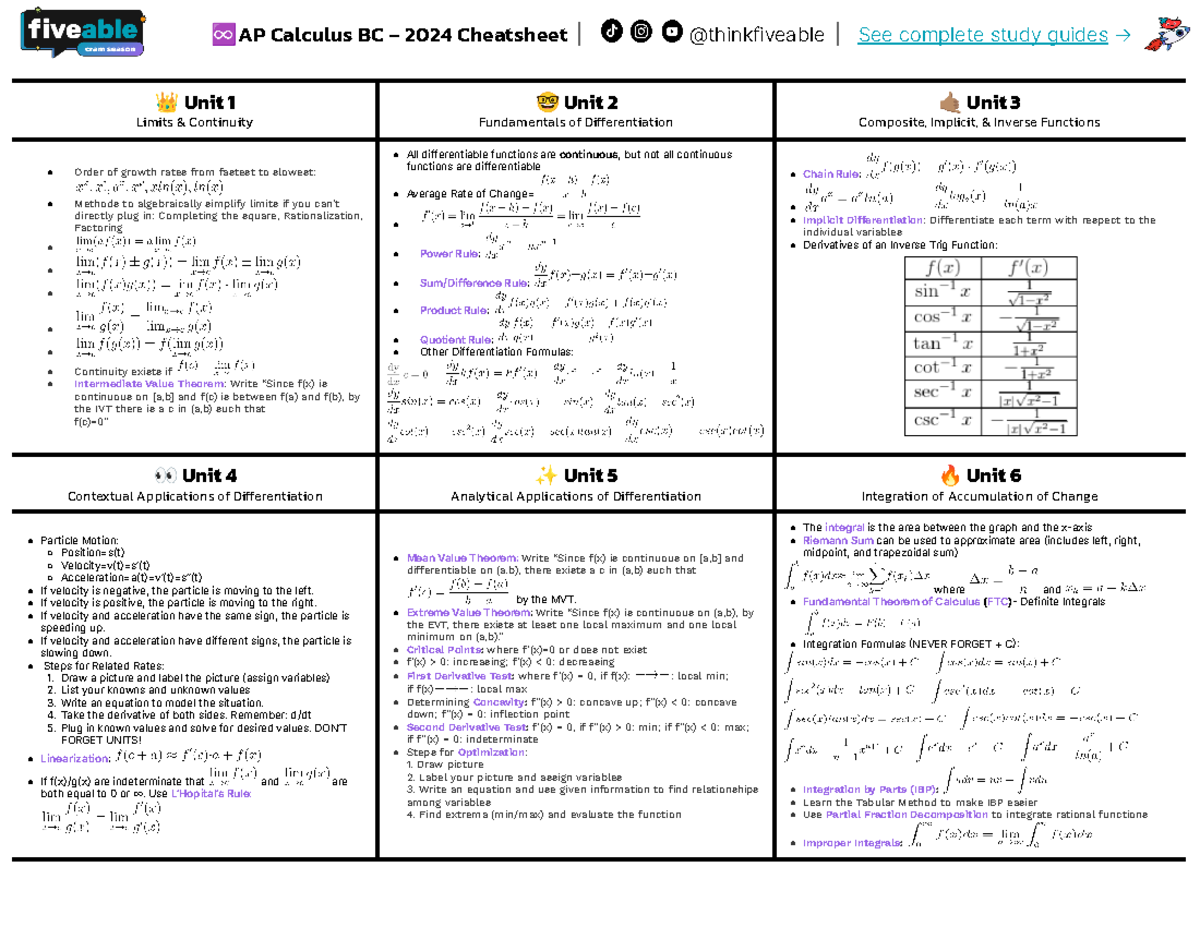 AP Calculus BC 2024 Comprehensive Cheatsheet Overview - Studocu
