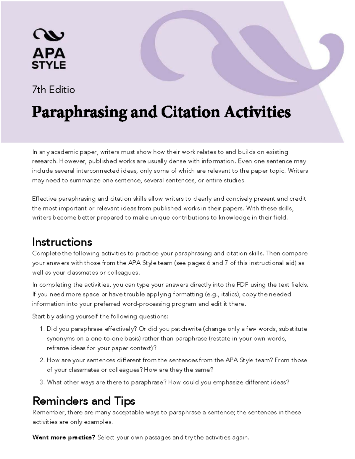 Paraphrasing and Citation Skills Practice for Academic Writing - Studocu
