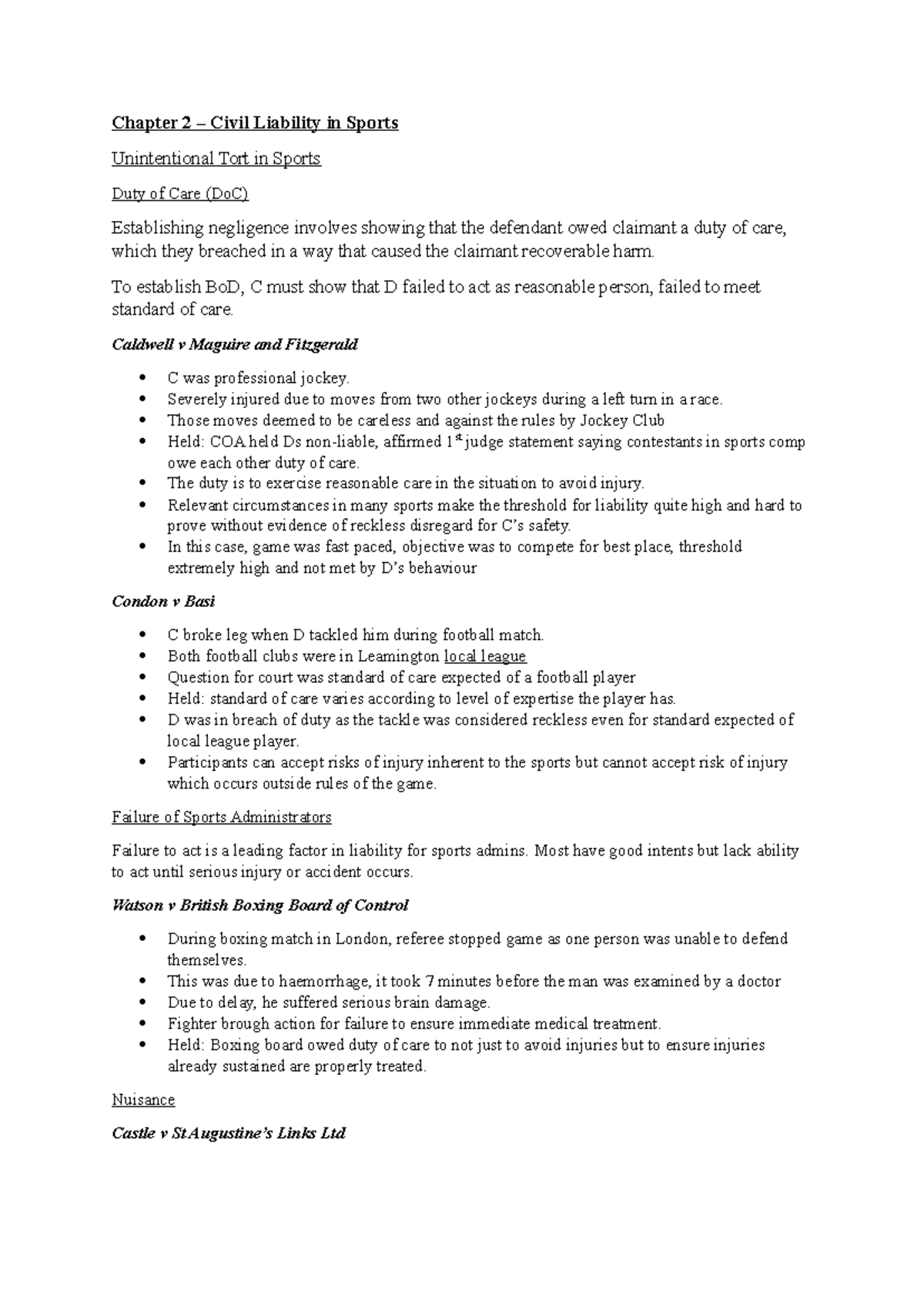 Sports Law Revision: Chapter 2 - Civil Liability in Sports - Studocu