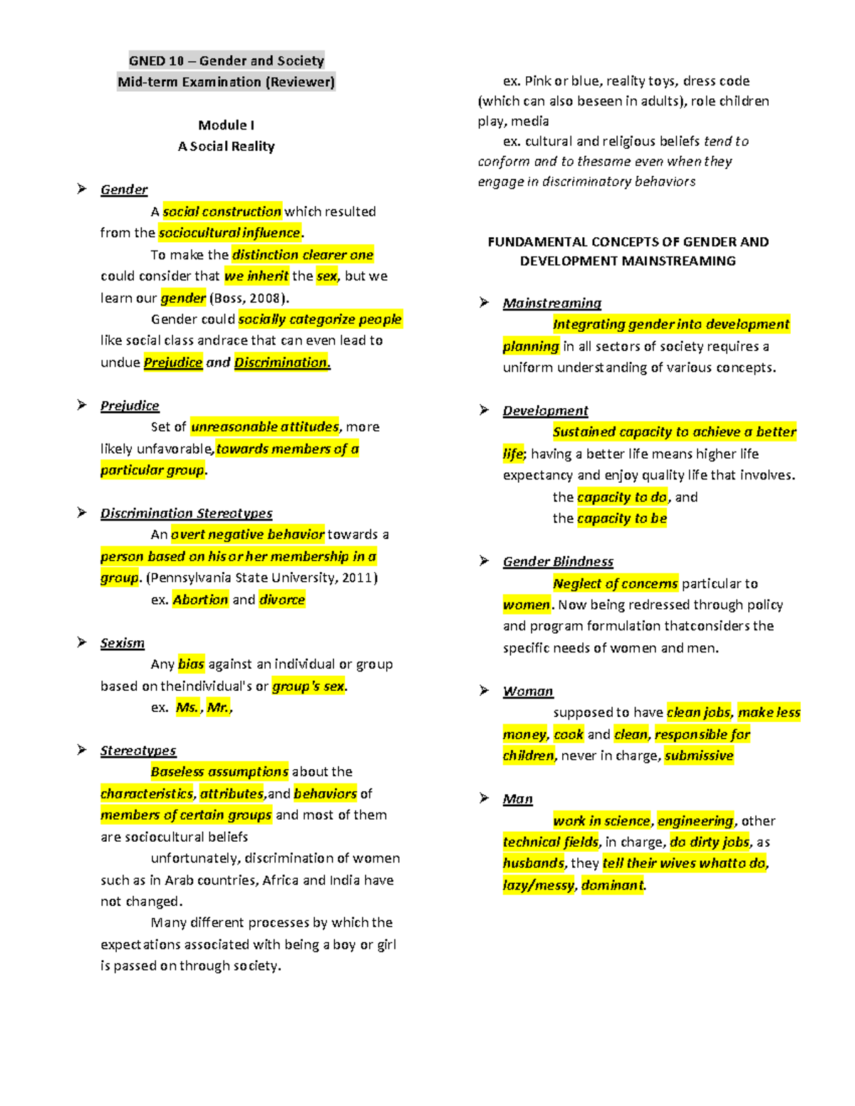GNED 10 Midterm Exam Reviewer: Gender and Society Concepts - Studocu