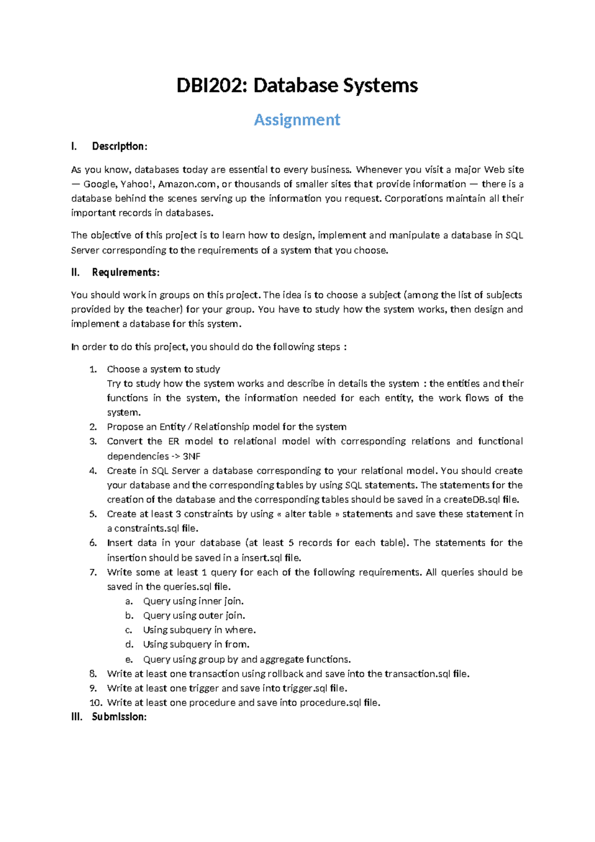 DBI202: Database Systems Group Project Guidelines - Studocu