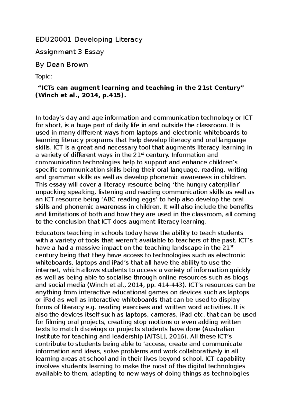 EDU20001 Developing Literacy: Assignment 2 Essay on Phonological ...