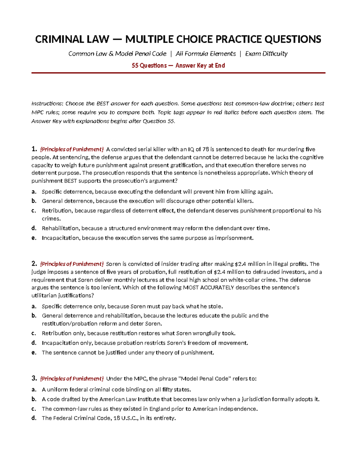 CRIMINAL LAW MC PRACTICE QUESTIONS: Common Law & MPC Insights - Studocu