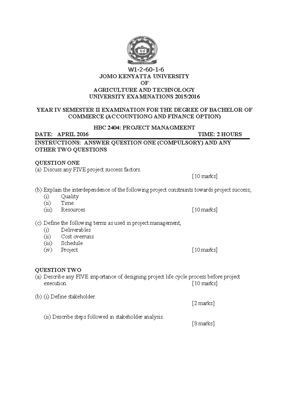 HBC 2404 Project Management Exam Notes - April 2016 - Studocu