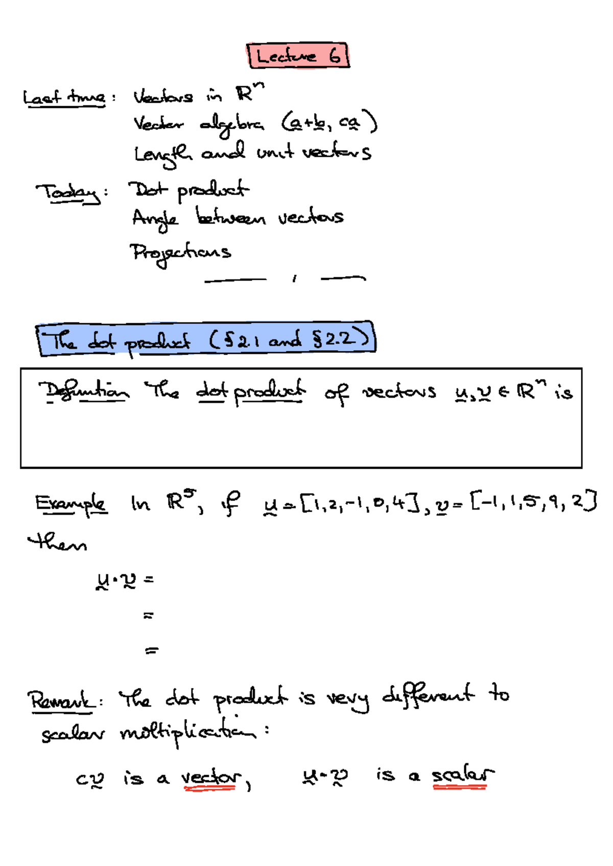 Math1061 Lecture: Vectors, Dot Product, and Projections in IR - Studocu