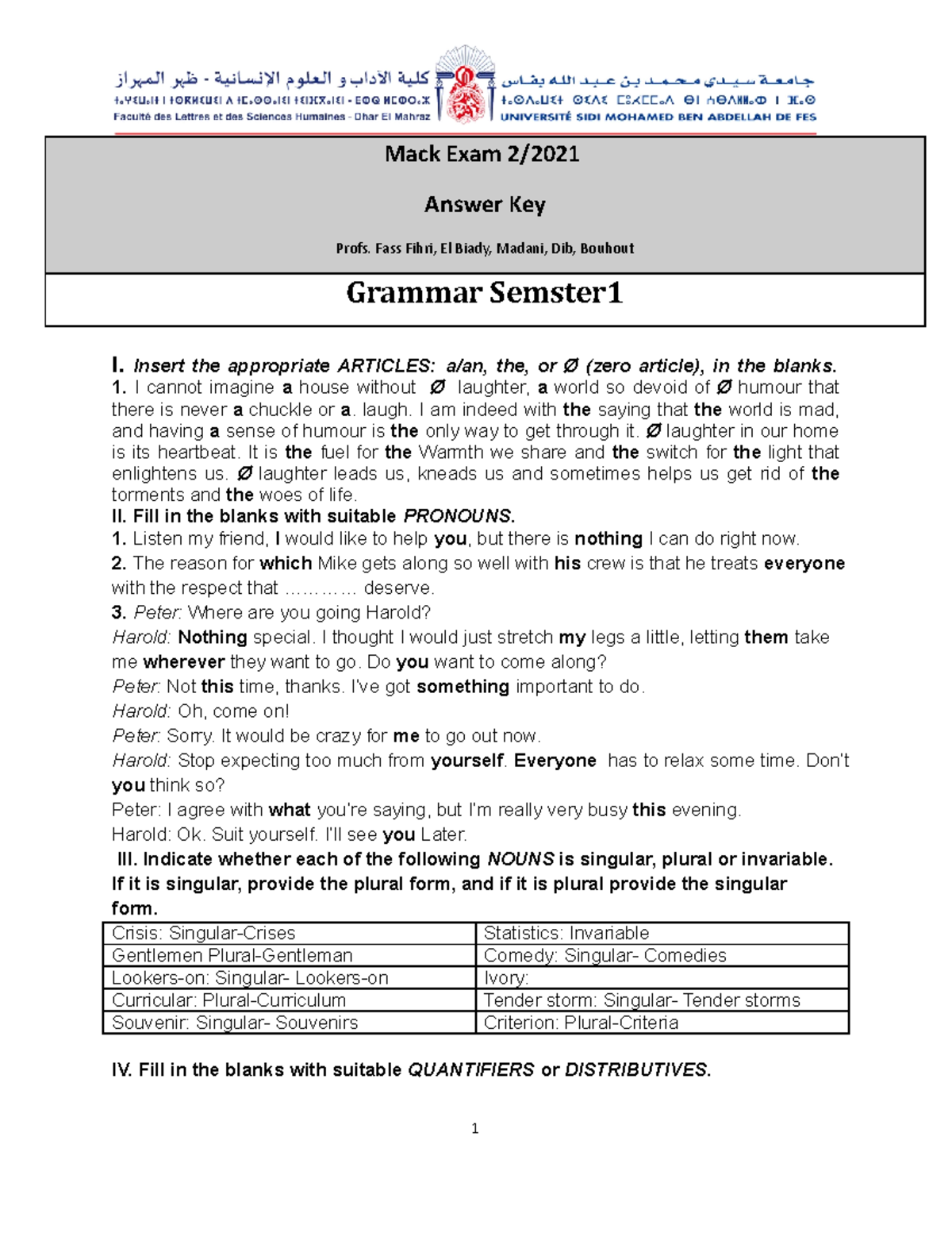 Mock exam 2 Grammar - answer key - Mack Exam 2/ Answer Key Profs. Fass Fihri, El Biady, Madani ...
