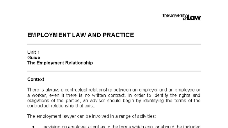 WS1 - Relationships - EMPLOYMENT LAW AND PRACTICE Unit 1 Guide The ...