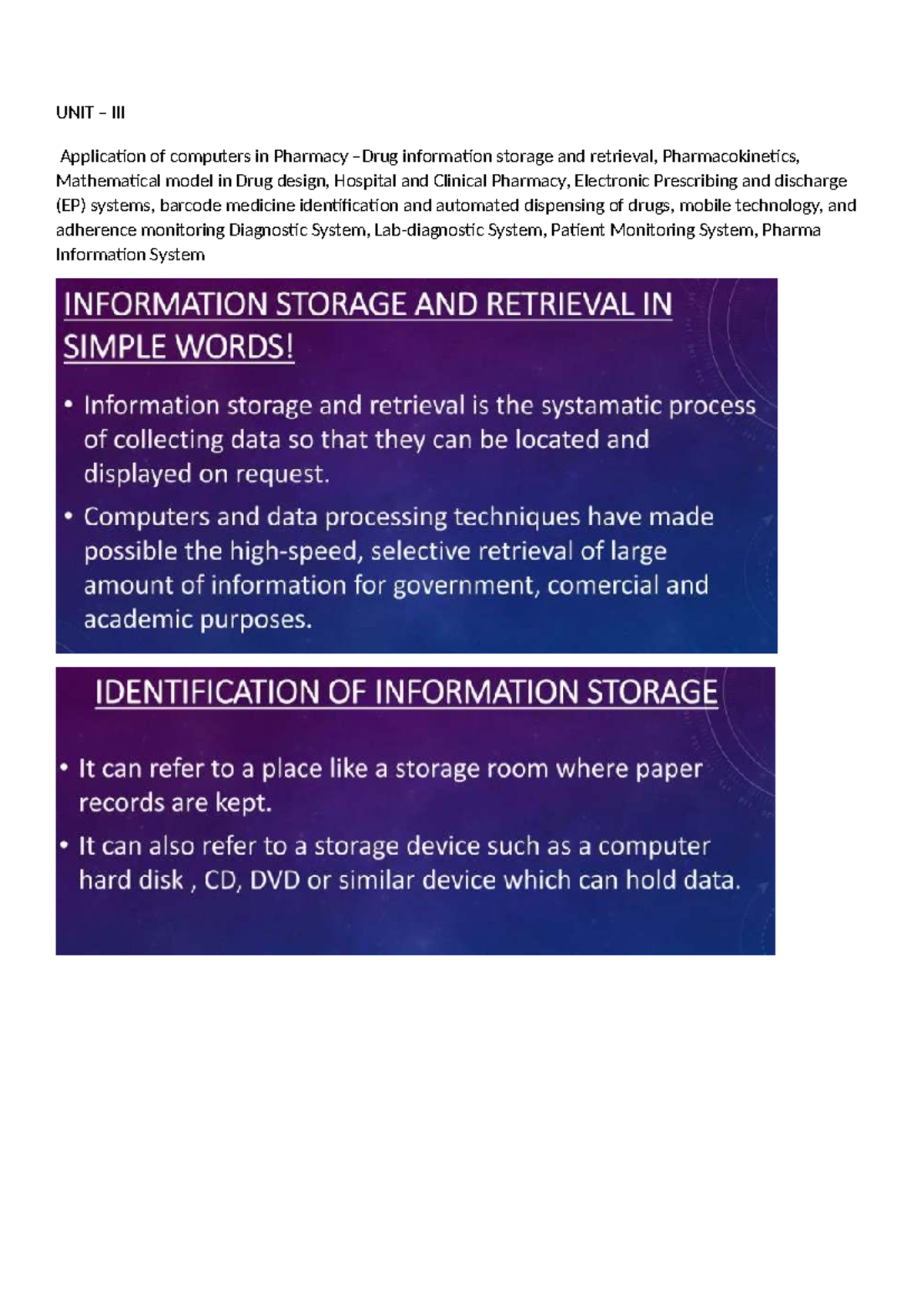 Cap Unit 3 - Computer Applications in Pharmacy: Info Systems & Drug ...