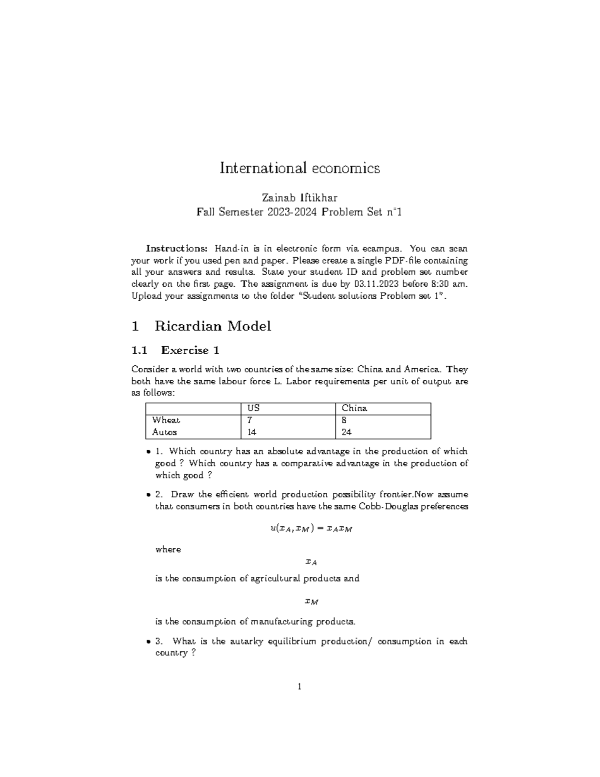 Problem Set 1 - International Economics (IE 2023-2024) - Studocu